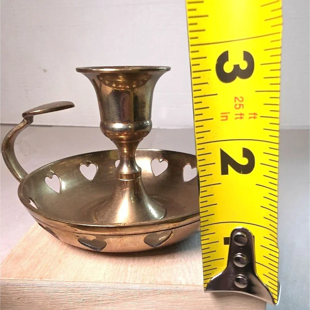 Vintage Solid Brass Candle Holder Chamberstick Heart Cut Outs Handle Taper 3.75